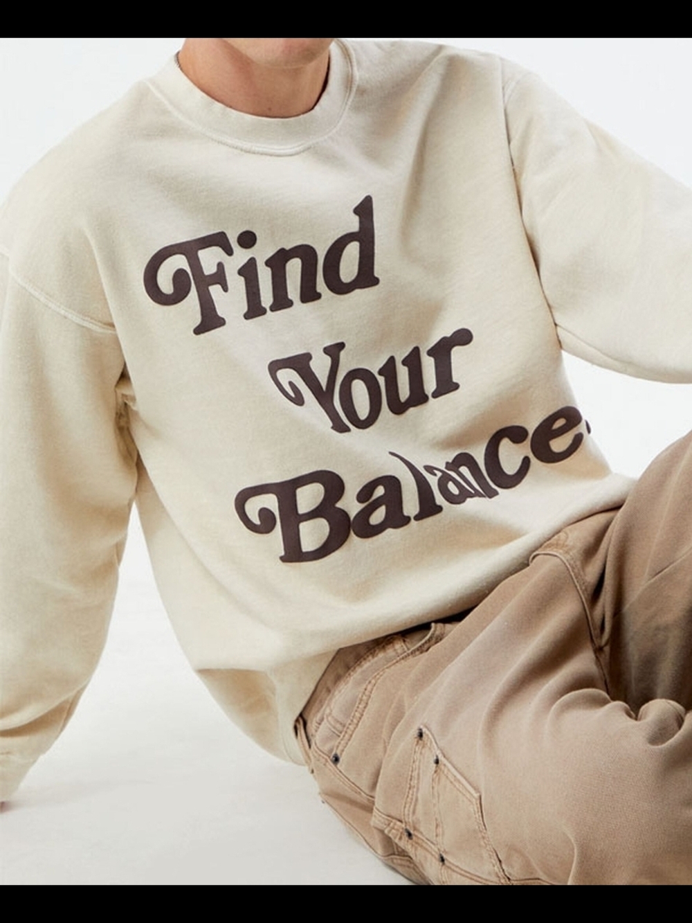 PacSun Cream Crewneck Sweatshirt with Brown 'Find Your Balance' Graphic
